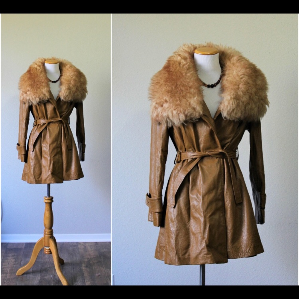 Vintage Sheepskin Leather Belted Coat w/ Faux Fur